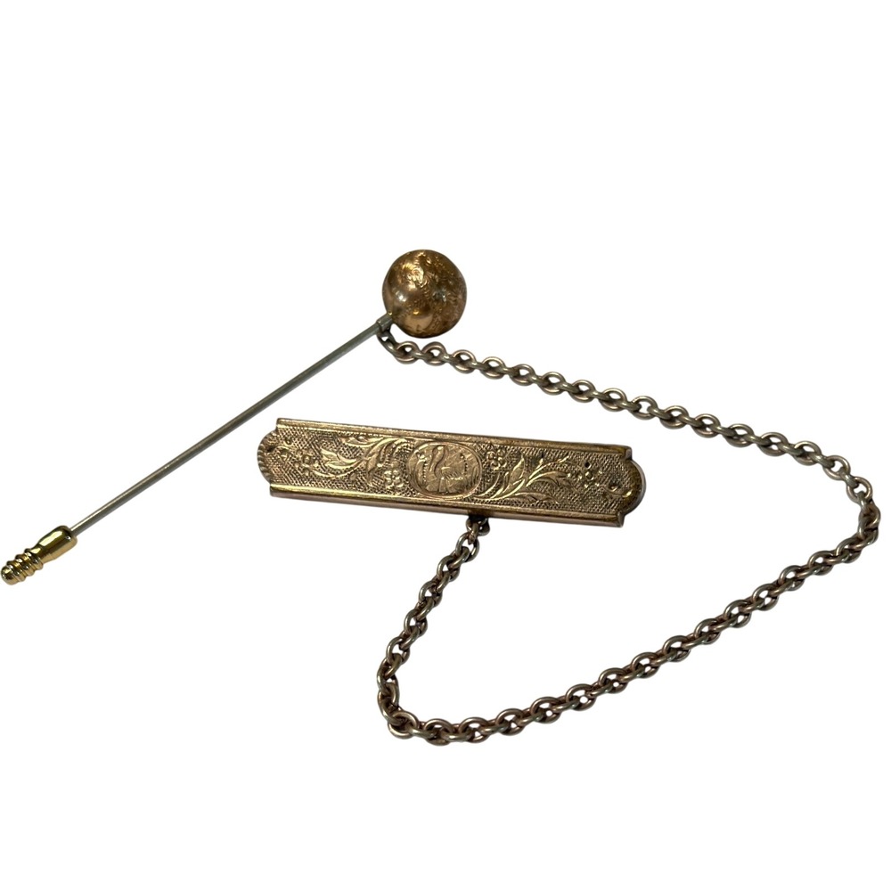 Unmarked Cloak Pin Antique Victoria Gold Plated Inseparable Crane Engraved GOOD